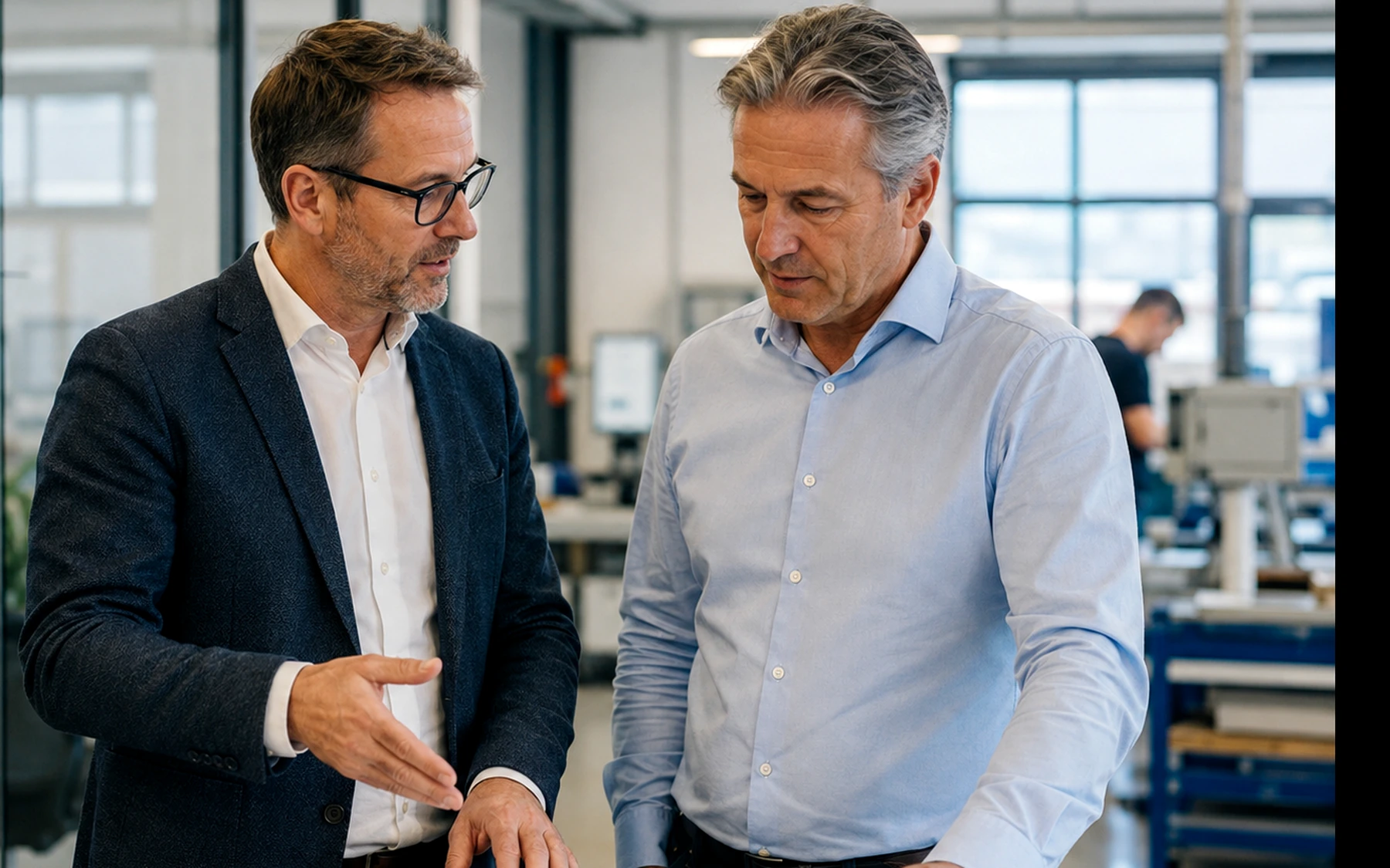 Zwei Personen besprechen Unterlagen in einem Produktionsbetrieb